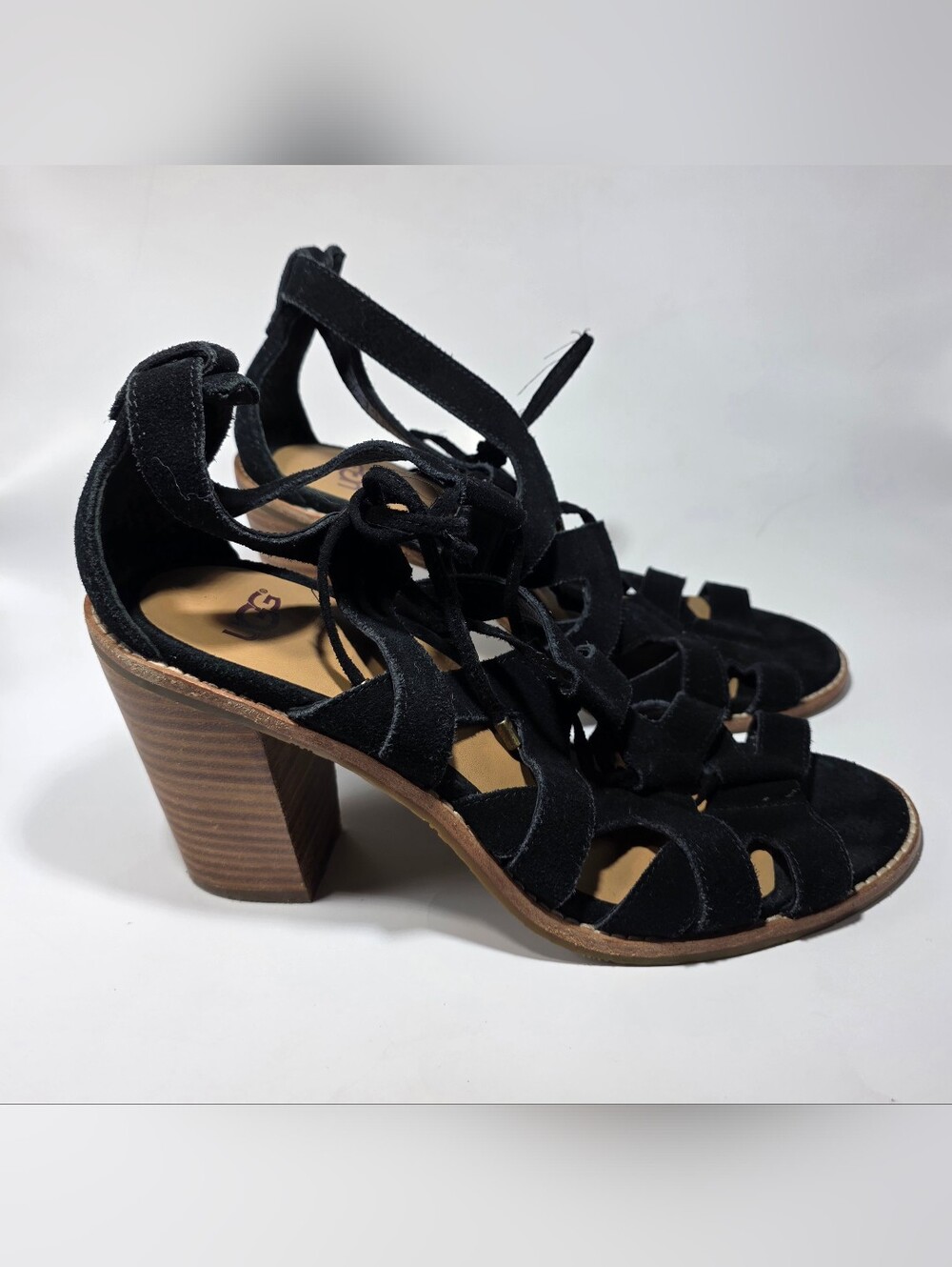 UGG Women's Black Suede Lace Up Gladiator Block Heel Sandals Size US 9.5 UK 8 - Picture 2 of 8